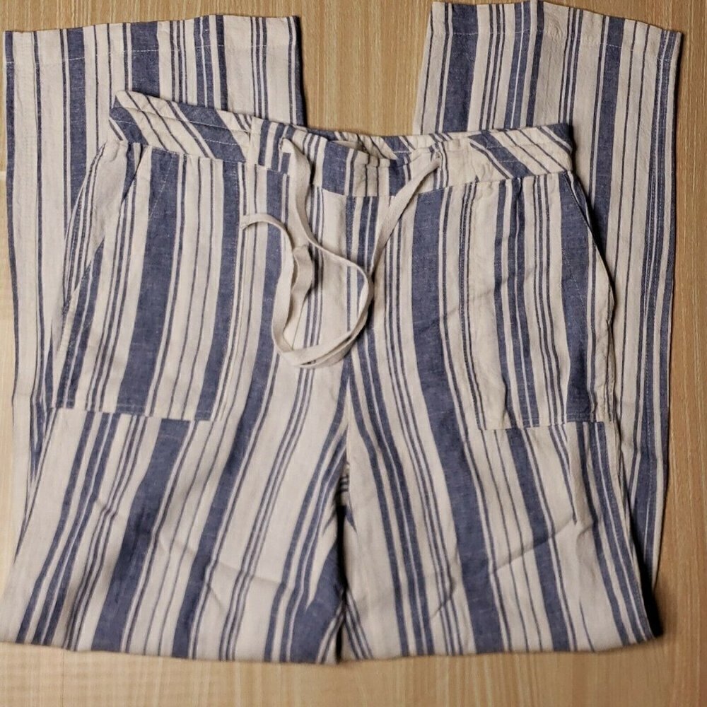 Land' N Sea Womens Blue White Striped Linen Blend Pants Small